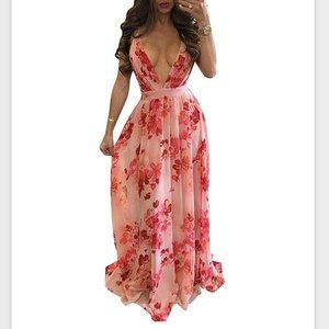 Womens Sexy Spaghetti Strap Deep V Neck Floral Boho Criss Cross Backless Dress